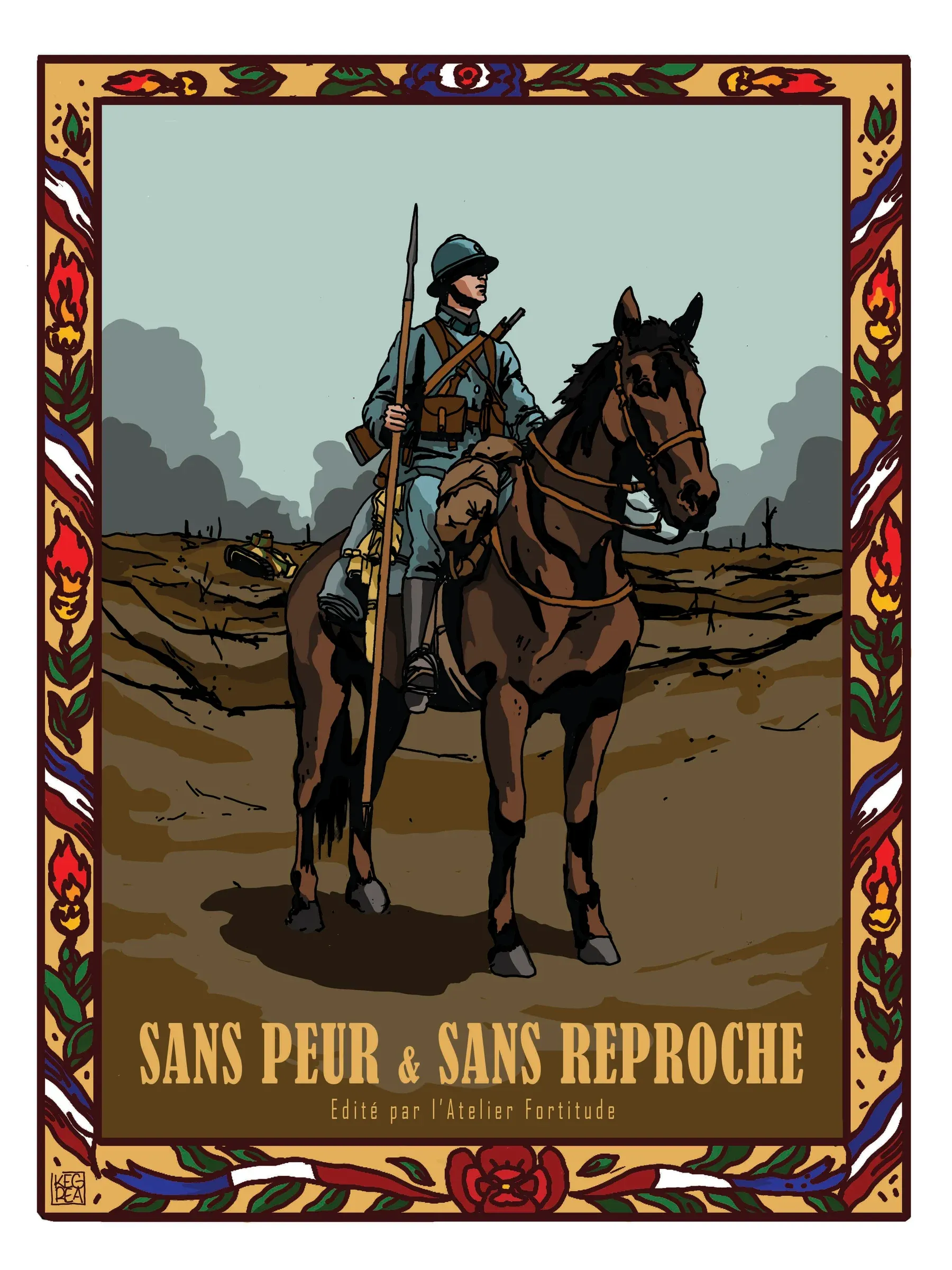 Illustration bordée d’une frise de fleurs et de drapeaux : un cavalier français de la Grande Guerre, lance en main, sur un champ de bataille dévasté
