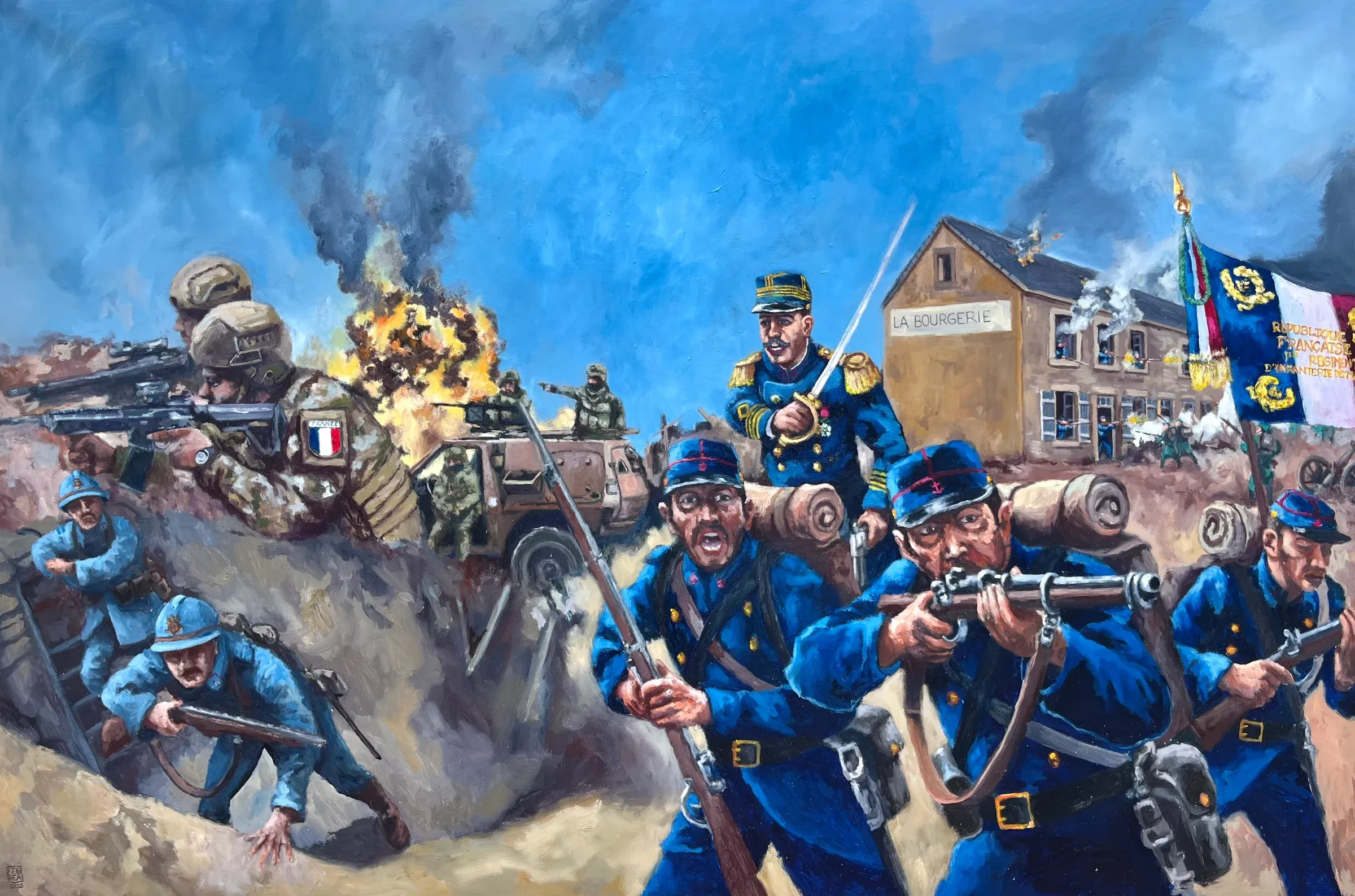 Tableau : marsouins de 1870, poilus en bleu horizon et soldats d’aujourd’hui au combat côte à côte, devant la maison « La Bourgerie » et le drapeau du régiment
