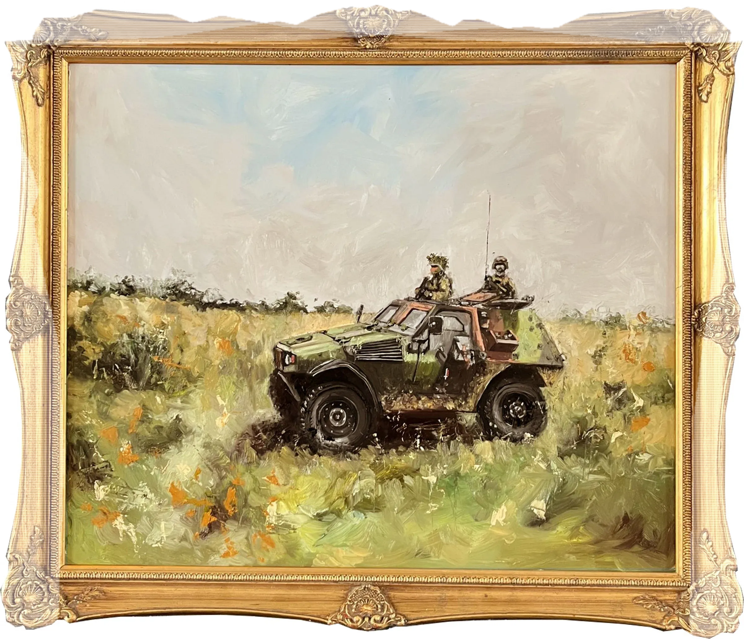 Un véhicule blindé léger (VBL) et son équipage dans les hautes herbes ; tableau dans un cadre doré orné