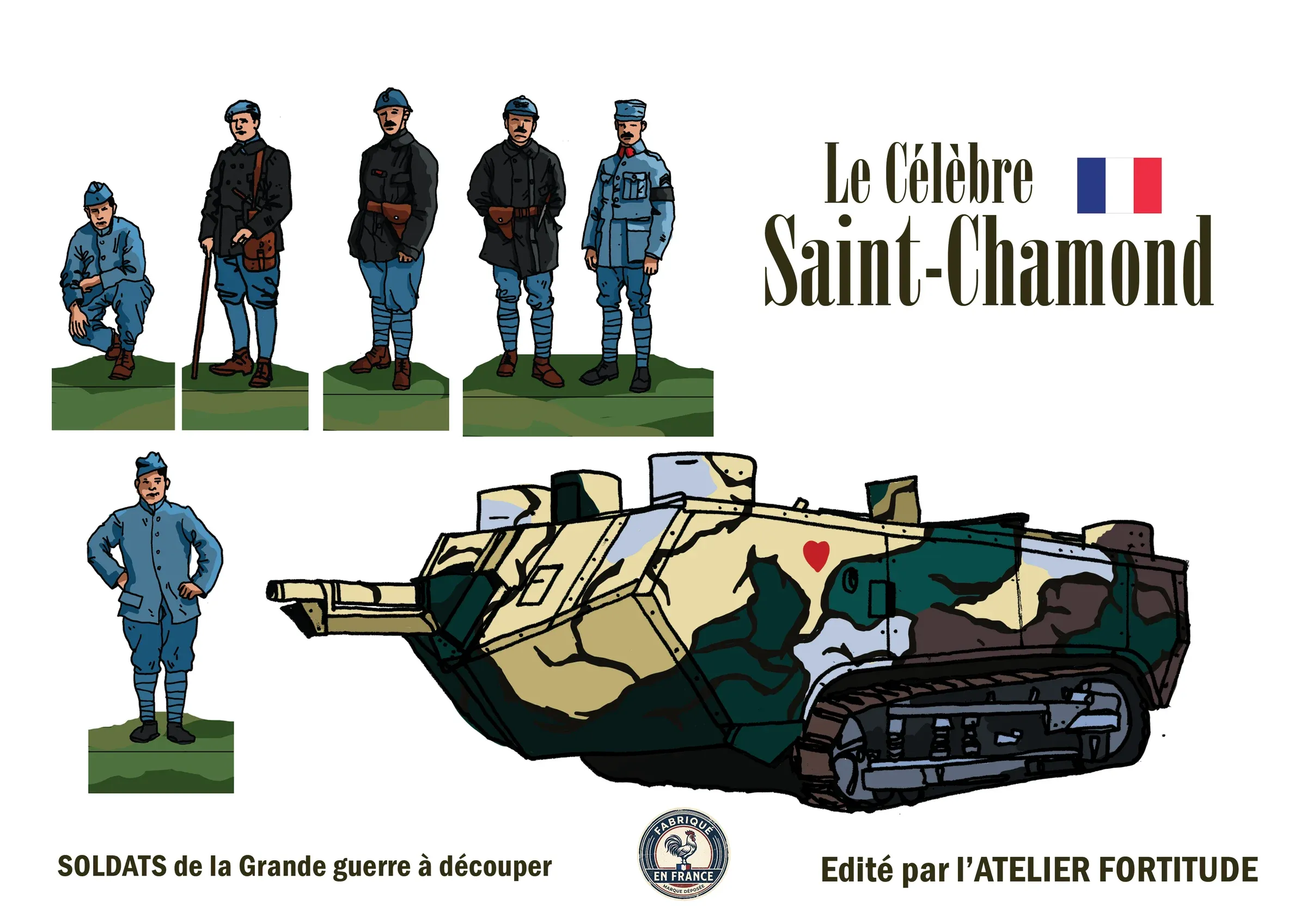 Planche à découper « Soldats de la Grande Guerre » : le char français Saint-Chamond et six soldats