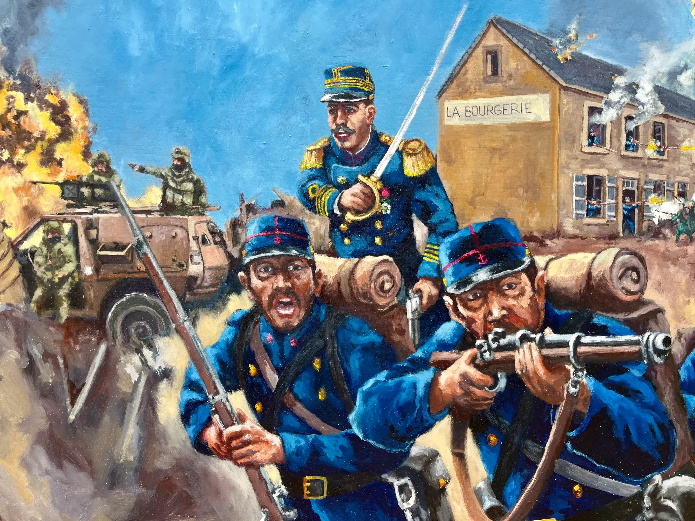 Détail : un officier sabre au clair et des marsouins de 1870 qui épaulent leurs fusils