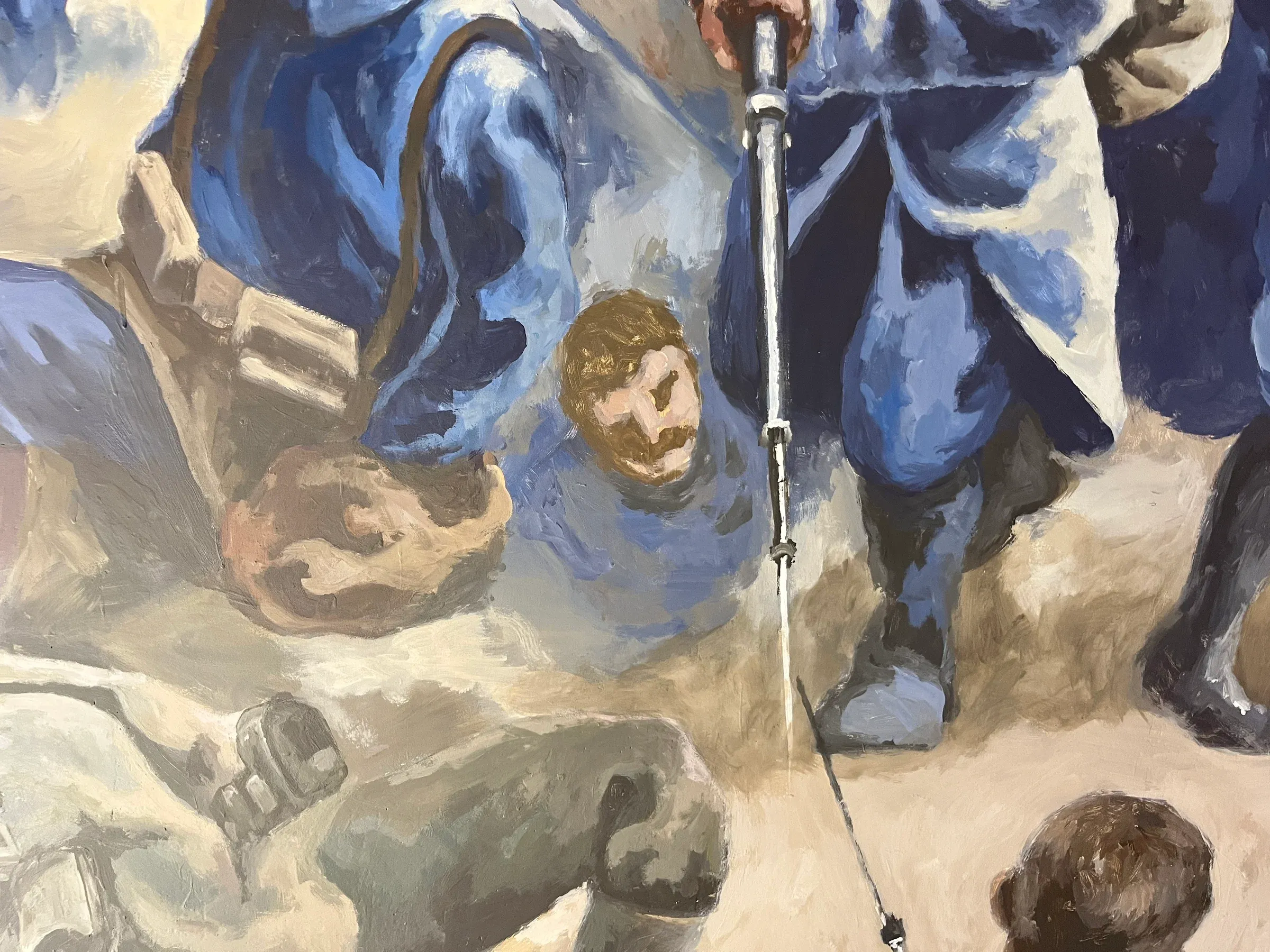 Détail de la fresque : un soldat à terre sous les pas des assaillants, une baïonnette plantée au premier plan